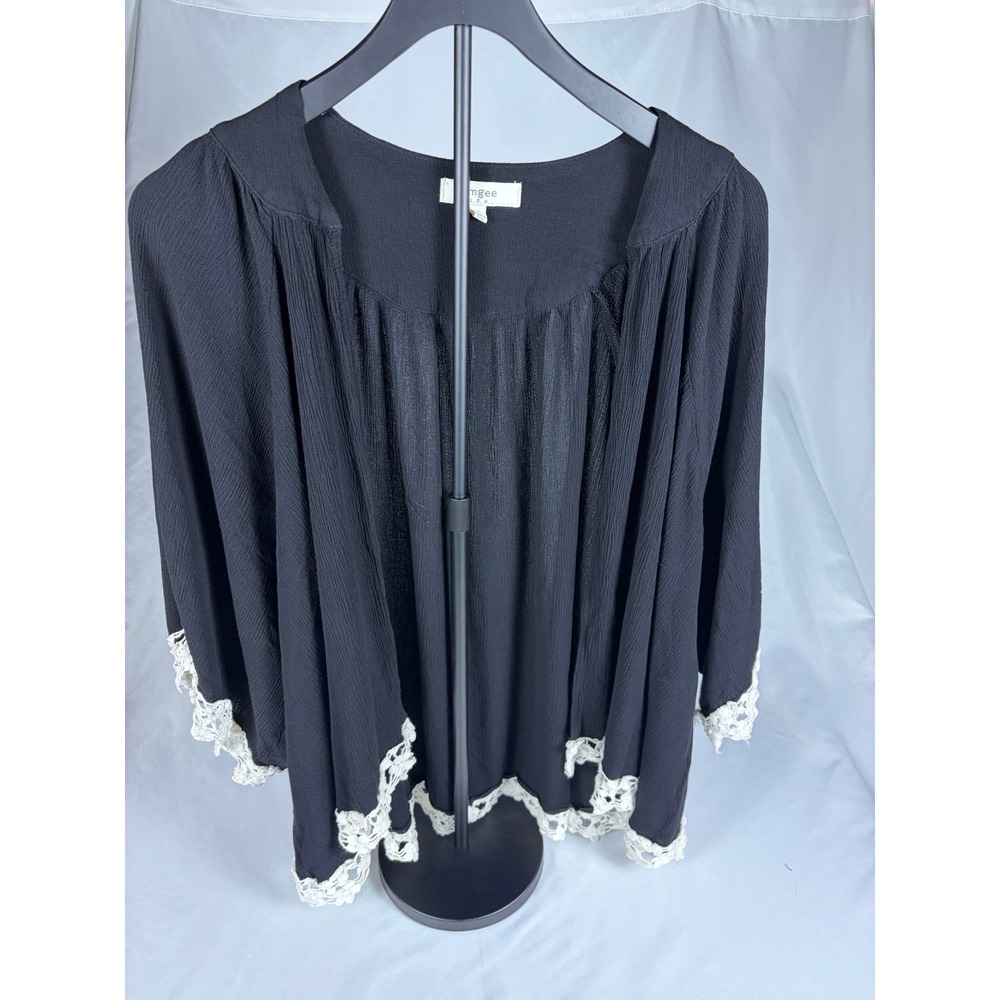 Umgee USA Black Boho Crochet Lace Trim Blouse Top Womens ML Kimono Sleeve A9836
